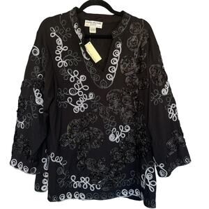 Lauren Michelle Shirt Womens 1X Embroidered Floral Textured Boho‎ Tunic Top